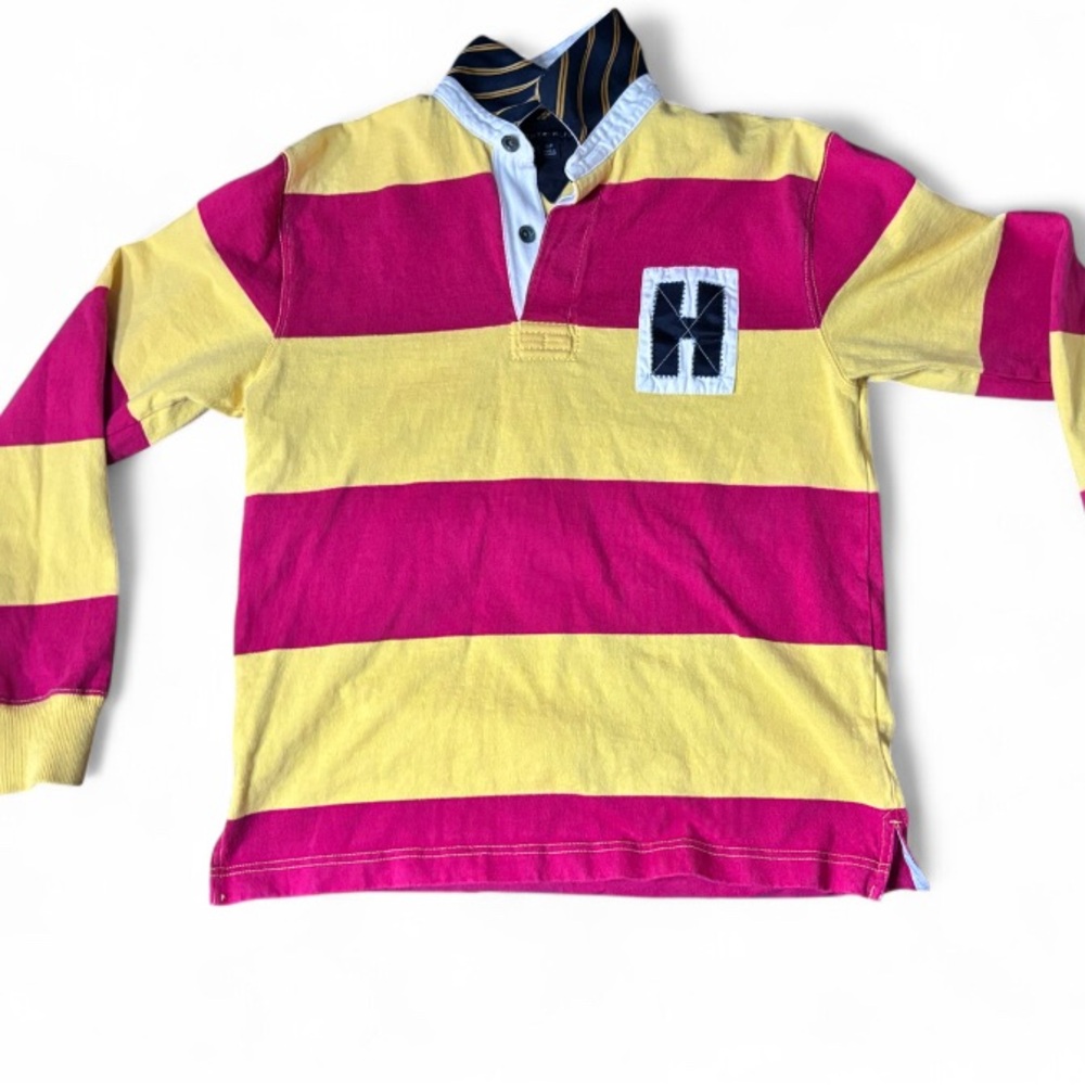Cranberry and yellow striped rugby polo from Tommy Hilfiger size small